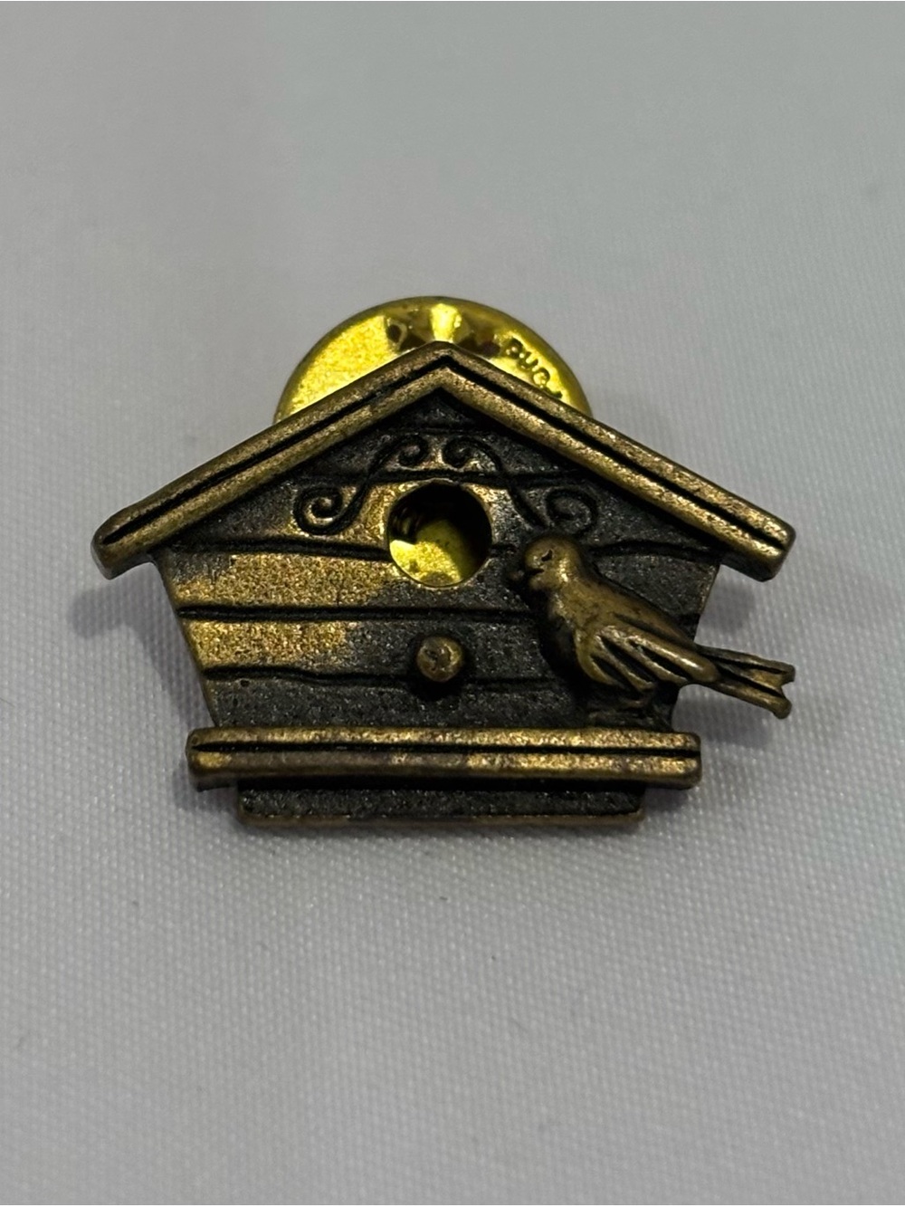 Birdhouse Bronze Tone Pin Signed JJ Vintage Brooch
